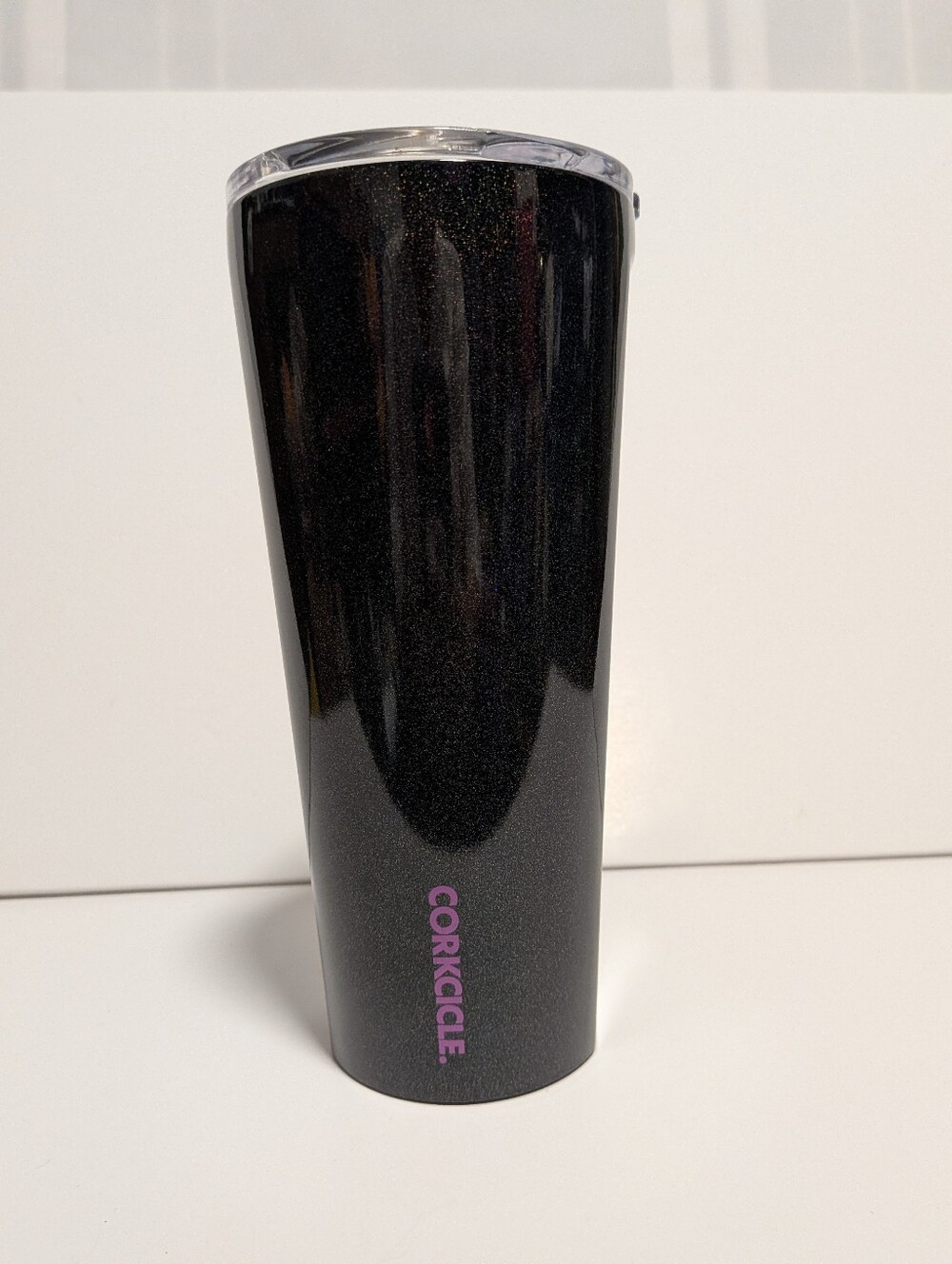 Corkcicle black Sparkly Stardust Canteen featuring an iridescent glitter 24 oz